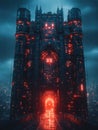 digital fortress with glowing lights and futuristic design