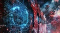 Digital Fortress in Vibrant Blue Space with Network Elements