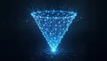 Digital funnel illustration represents data filtering process. Polygonal shape emphasizes tech aspect of sales funnel. Abstract