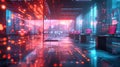 Digital Future: Blurred Neon Cyberpunk Office with IT Overlay, Corporate Strategy for Finance, Operations & Marketing Royalty Free Stock Photo