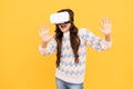 Digital future and innovation. child in virtual reality goggles. modern wireless technology.