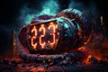 Digital futurism snake on clock at midnight with 2025 numbers in rotating nebula background