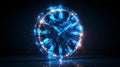 This digital futuristic clock light effect is in a digital style. It has a glowing clock silhouette as a symbol of time