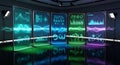 Digital futuristic display screens showing complex data, graphs, and charts in a row Royalty Free Stock Photo