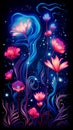 Digital futuristic flower wallpaper, neon light glow blossom illustration