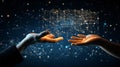 Digital futuristic hand showcasing cyber intelligence and machine learning visualization concept