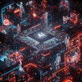 A digital futuristic scene depicts humanoid robots amidst a complex cyber grid.