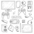 Digital gadgets. Computer pc laptop notebook smartphone earphones headset electronic technology vector doodle hand drawn Royalty Free Stock Photo