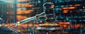 A digital gavel glows amidst a network of data a concept image representing technology law and the future of justice