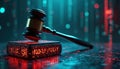 Digital gavel rests on illuminated data block, representing cyberjustice in information age. Binary code, network grid Royalty Free Stock Photo