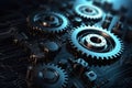 Digital gear wheels on circuit board. High technology engineering. Generative AI Royalty Free Stock Photo