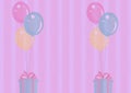 Digital generated image of balloons tied to gift boxes against pink striped background