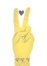 Digital generated image of hand peace sign and heart icon against white background