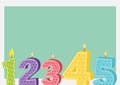 Digital generated image of multiple numerical birthday candles against green pastel background