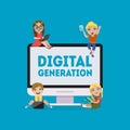 Digital Generation Banner, Kids Playing Games, Learning, Communicating with Tablet, Laptop, Smartphone Vector Royalty Free Stock Photo