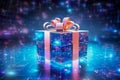 A digital gift box with a ribbon bow, suspended in luminous internet cyberspace