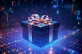 A digital gift box with a ribbon bow, suspended in luminous internet cyberspace