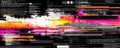Digital glitch art with vibrant pink, orange, yellow, and white horizontal lines and distorted text elements creating chaotic Royalty Free Stock Photo