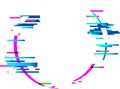 Digital glitch effect forming a circle with blue and magenta lines and colored pixels on white background, ideal for