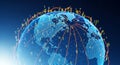 Digital global communication network with data flow lines connecting continents on futuristic earth map Royalty Free Stock Photo