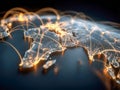 Digital global connectivity: a futuristic illuminated map highlighting worldwide communication networks and technological Royalty Free Stock Photo