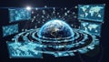 Digital global network visualization with Earth at center and data screens orbiting in a futuristic concept Royalty Free Stock Photo