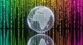 Digital globe with binary code streams in vibrant rainbow colors and its reflection Royalty Free Stock Photo