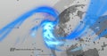 Digital globe with blue swirling image over dotted world map