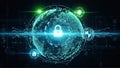 Digital globe with a central lock symbol surrounded by interconnected nodes and security on a dark background with binary code Royalty Free Stock Photo