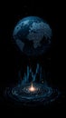 Digital globe with data visualization and futuristic technology interface in dark background, glowing blue and orange light Royalty Free Stock Photo