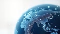 Digital globe displays world map. Techy illustration shows global connections. Future tech concept image. Global network