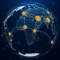 A digital globe with golden Bitcoin symbols connected by white lines, set against a dark background, illustrating a global network