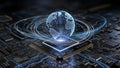 Digital globe grid above CPU illustrating global data flow â AI content Royalty Free Stock Photo