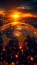 Digital globe with interconnected network lights and sunrise over the horizon Royalty Free Stock Photo