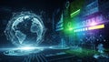 Digital globe network with data charts and binary code in a futuristic technology concept Keywords: digital, globe Royalty Free Stock Photo