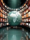 Global communication technology concept with digital globe surrounded by screens Royalty Free Stock Photo