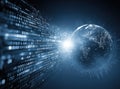 Digital globe surrounded by binary code streams representing data transfer and connectivity in a futuristic technology concept Royalty Free Stock Photo
