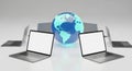 Digital Globe Surrounded by Laptops Representing Global Connectivity and Technology internet Royalty Free Stock Photo