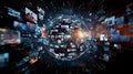 Digital globe surrounded by multimedia screens, representing global connectivity and vast digital content network with dynamic Royalty Free Stock Photo