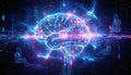 Digital glowing brain representing artificial intelligence and human consciousness connection in futuristic space Royalty Free Stock Photo