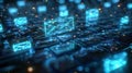 Digital glowing email icons floating in a futuristic network.