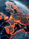 Digital glowing map of Europe with bright orange borders and interconnected data points representing technology and network Royalty Free Stock Photo