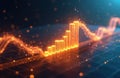 Digital glowing orange bar chart shows increasing value. Abstract data streams flow around graph. Tech background represents Royalty Free Stock Photo