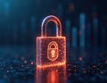 Digital glowing padlock cybersecurity, data protection. Secure tech solution for digital assets. Modern tech design. Data