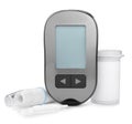 Digital glucometer, container, lancets and pen on white background. Diabetes control