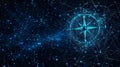 Digital goal compass success illustration. Low polygonal wireframe. Direction aiming at target on blue dark background. Royalty Free Stock Photo