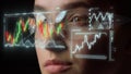 Digital goggles holographic graph projection showing financial benefits closeup