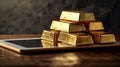 Digital Gold Investment Tablet with Options Next to Stack of Gold Bars