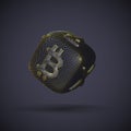 Digital golden 3D dice with cryptocurrency logos Bitcoin, Litecoin and Ripple.