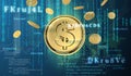 Digital golden money coin dollar sign technology worldwide transfer in the future world business with big data and security code